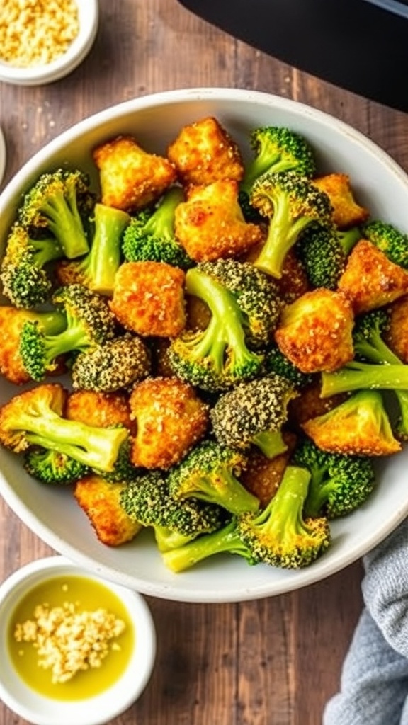 Crispy air fryer broccoli with nutritional yeast served in a bowl on a wooden table.
